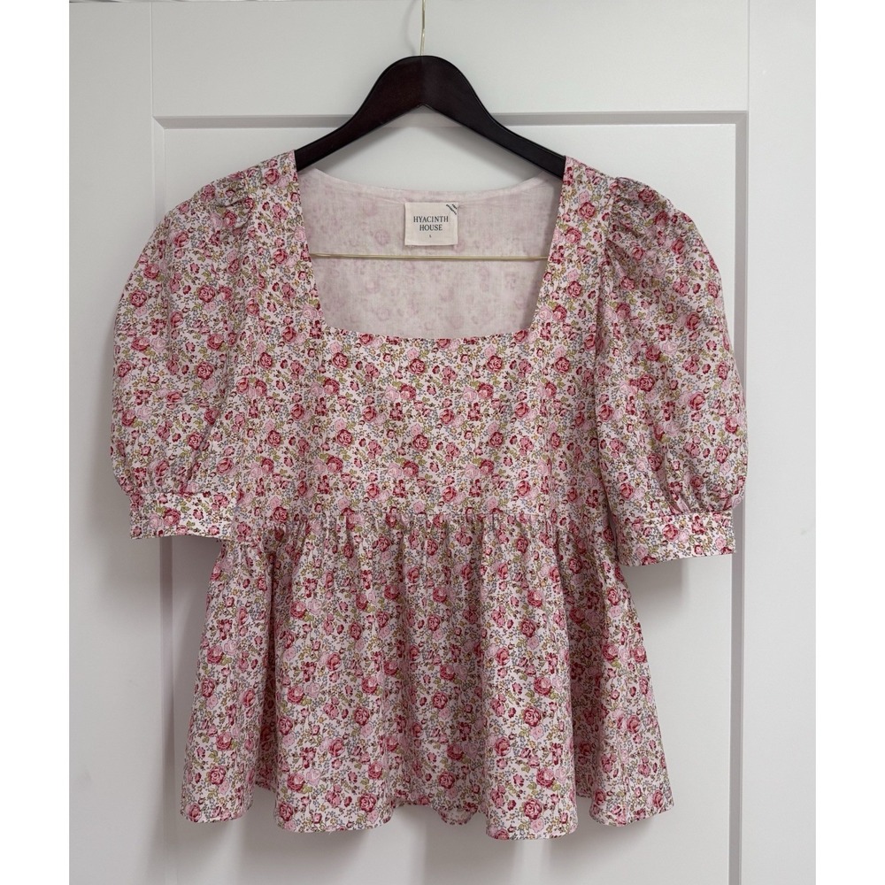 Hyacinth House Women's Pink Floral Square Neck Peplum Blouse Size L Puff Sleeve